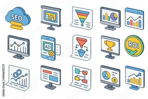 SEO optimization, ROI outline icon set