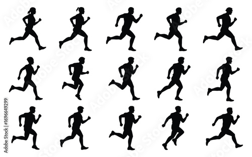 Vector art of set of running people silhouettes collection of male and female figures in motion, perfect for illustrating sports, fitness, or active lifestyles
