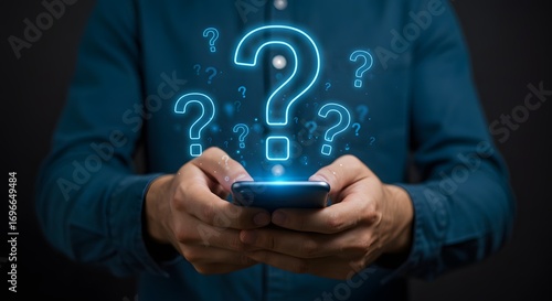 Person Using Smartphone with Glowing Question Marks, Concept of Inquiry and Digital Information