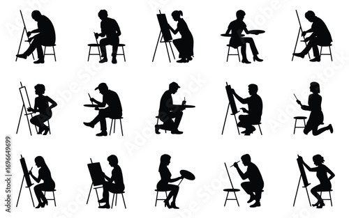 Vector art of set of black silhouette artist painter, easel, canvas, brush, palette, art, creativity, hobby, and inspiration concept