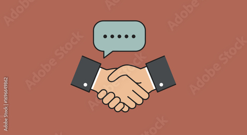 A digital illustration depicts a handshake with a speech bubble, symbolizing agreement, business deals, and effective communication on a warm, inviting background.