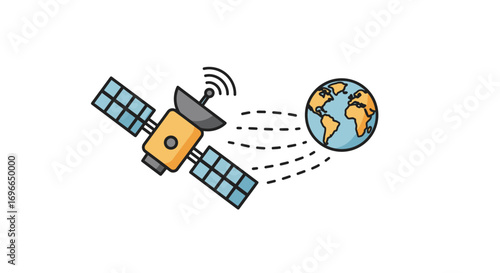 An illustration shows a satellite orbiting Earth, emphasizing global connectivity and the technology used for communication and navigation systems worldwide.