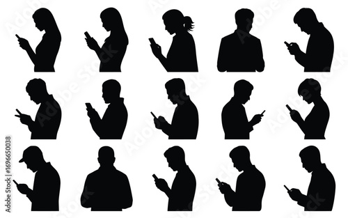Vector art of silhouettes of people using smartphones set of diverse individuals engrossed in their mobile devices, capturing the modern digital lifestyle