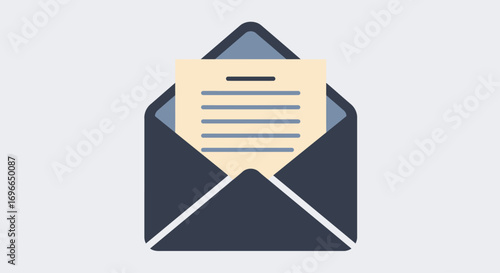 An open dark blue envelope reveals a light beige letter with horizontal lines of text, symbolizing communication and correspondence.