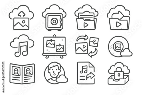 Cloud computing outline icon set. digital storage, data protection, file sharing