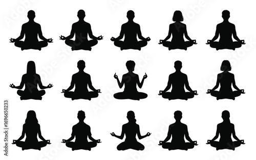 Vector art of silhouette collection of people meditating in lotus position set of different men and women doing yoga for relaxation and mindfulness