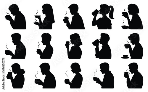 Vector art of silhouette collection of people drinking hot beverage set of different men and women enjoying coffee, tea, or soup