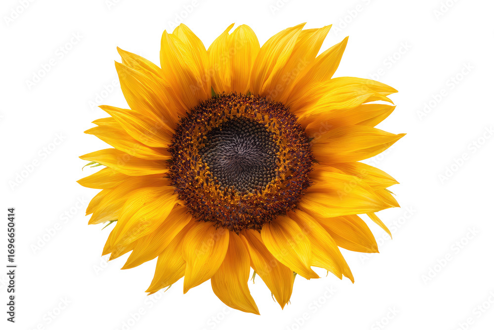 Fototapeta premium Close-up of a vibrant sunflower, radiating golden yellow petals, surrounding a dark brown disc center
