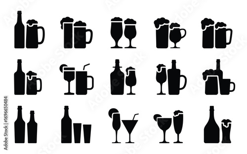 Vector art of silhouettes of various alcoholic drinks, a diverse collection showcasing beverages for celebration and enjoyment