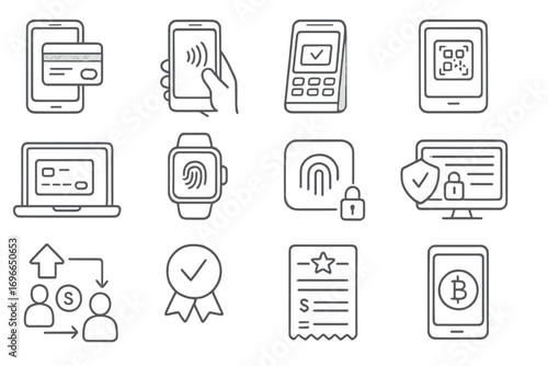 Finance and security outline icon set. banking, payment, digital security icons collection