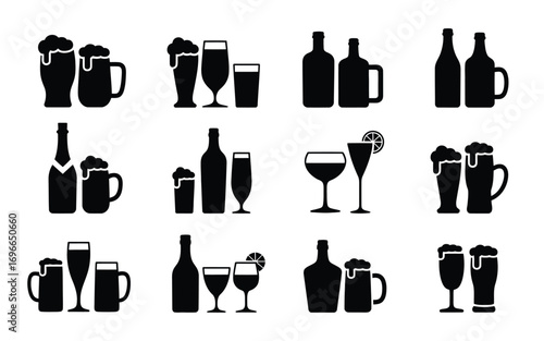 Vector art of collection of black and white silhouettes of various alcoholic beverages, including beer, wine, and cocktails, , showcasing different drink types
