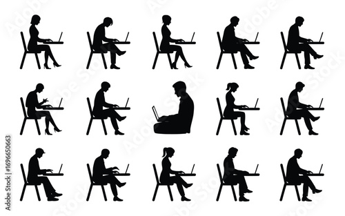 Vector art of collection of silhouettes depicting people working on laptops, sitting in chairs, showcasing various postures and positions, , creating a busy scene