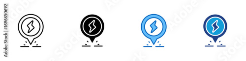 Electricity Short Location Multiple Style Icon Design Vector - Location pin with lightning bolt showing frayed cable, exposed wire, or power fault