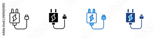 Power Charger Multiple Style Icon Design Vector - Power adapter with plug and cable, symbolizing charging, electricity, and portable energy supply