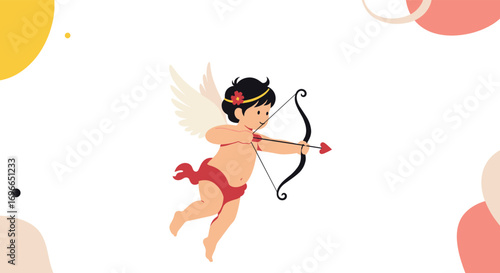 Cupid archer aiming arrow towards love heart with soft abstract shapes and colors background