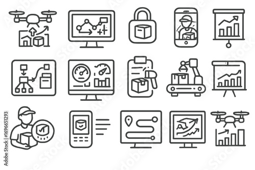Delivery and logistics line icon set. shipping, tracking, management linear icons collection