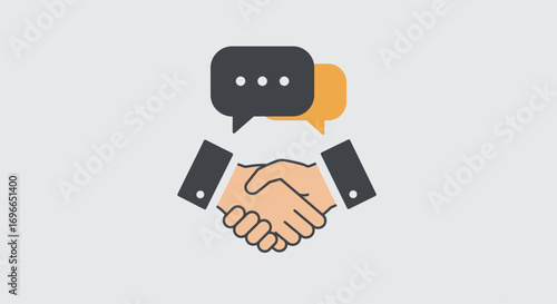 A handshake agreement is depicted with two speech bubbles, symbolizing communication and collaboration in a business deal or partnership, signifying trust and mutual understanding.