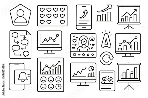Business and analytics line icon set. charts, growth, communication line collection