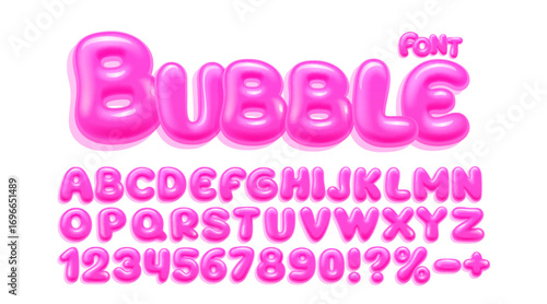 Bubble gum font, brush candy. English alphabet and numbers sign. Vector illustration