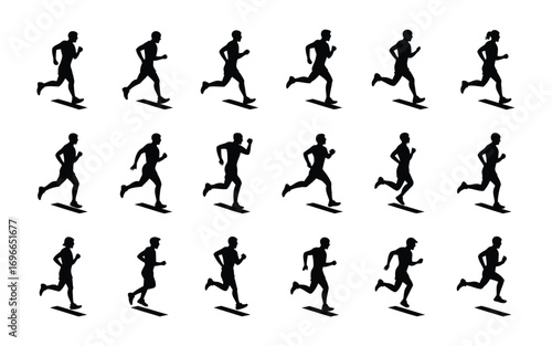 Vector art of silhouette of man running collection of various poses of male athlete jogging, exercising, and training for marathon
