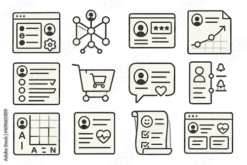 Office communication icon set. essential, business tools outline collection