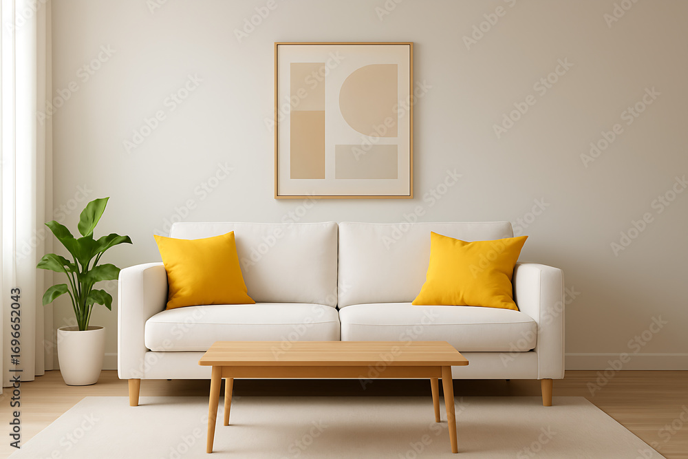 Minimalist living room with white sofa and yellow pillows (Generated with AI) - Adobe Stock Minimalist living room with white sofa and yellow pillows (Generated with AI) - Adobe Stock