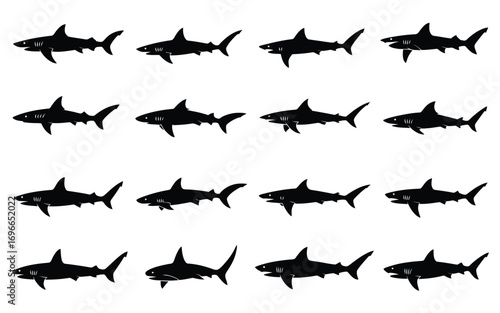 Vector art of silhouettes of sharks in various poses, showcasing different species and angles of these powerful marine predators in the ocean
