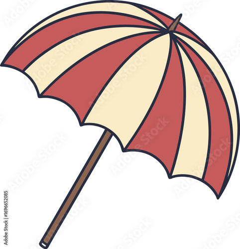 Vector art of a vintagestyle beach umbrella with red and cream stripes, isolated on a, perfect for summer and vacation themes