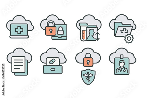 Medical cloud security flat icon set. healthcare, data protection, privacy icons collection