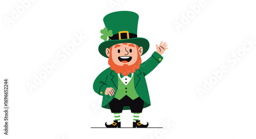 Cheerful irish leprechaun character waving hello wearing green top hat and suit