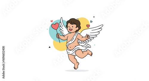 A cute angel holds an arrow surrounded by hearts and circles celebrating love and romance