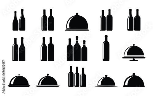 Vector art of silhouette of wine bottles and food covers a set of fifteen vector illustrations of different shapes of bottles and food covers