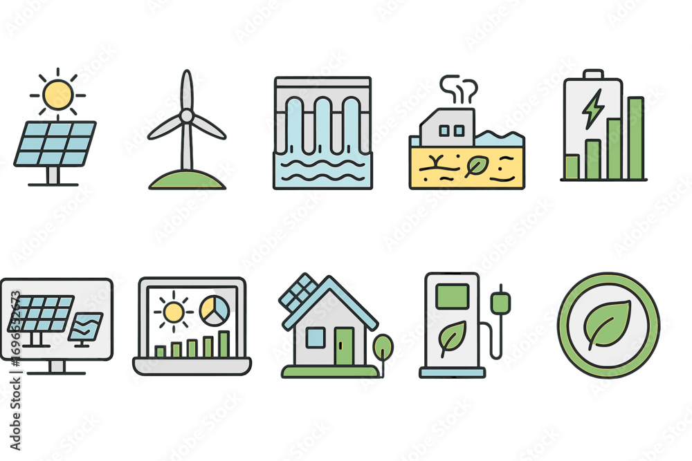 Naklejka premium Renewable energy icon set. flat solar, wind, hydro, battery icons collection