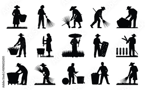 Vector art of silhouette collection of farmers working in the field set of black and white vector illustrations of agricultural workers