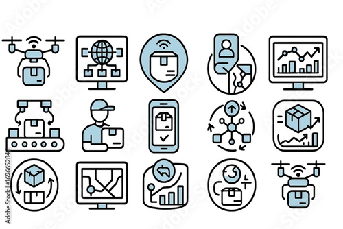 Delivery and logistics icon set with filled style. shipping, tracking, warehouse icons.