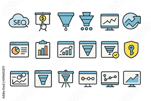 Marketing and analytics line icon set for data visualization and analysis