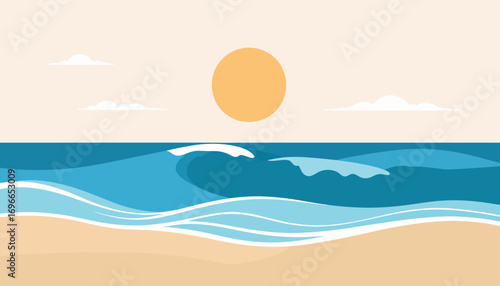 A wide-angle illustration of a beach scene.