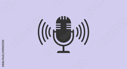 A minimalist black microphone icon with radiating sound waves is prominently displayed against a soft, plain light purple background, symbolizing audio communication.