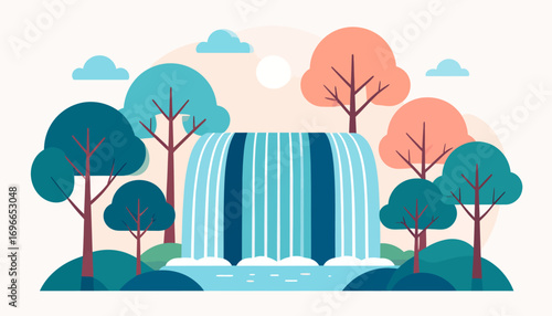 A vibrant, flat-style illustration of a waterfall surrounded by trees.