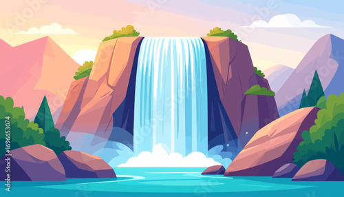 A vibrant landscape showing a wide waterfall cascading from a rocky cliff into a serene blue lake.