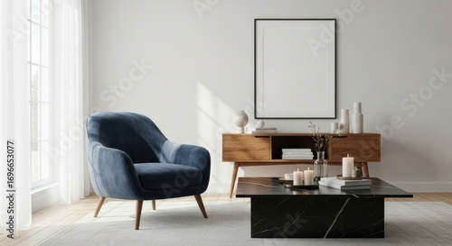 Wallpaper Mural Stylish living room with blank frame, blue armchair, and wooden cabinet Torontodigital.ca