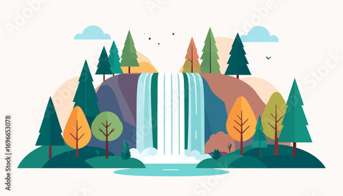 Scenic waterfall landscape illustration with a vibrant forest of colorful autumn trees cascading down a serene cliff
