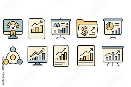 Analytics, revenue flat icon set. Growth, performance, report, finance color icons. Vector icons