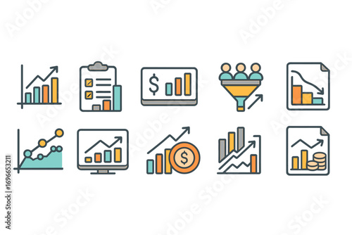 Analytics, revenue flat icon set. Growth, performance, report, finance color icons. Vector icons