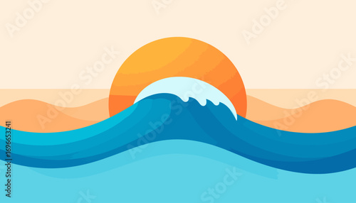 A large orange sun sets over a calm ocean. 