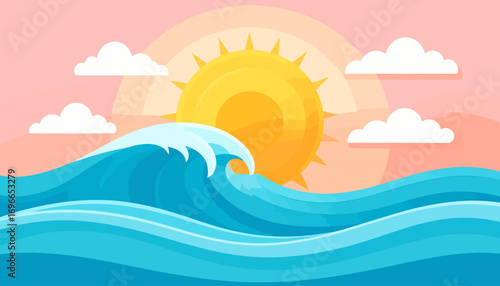 Stylized graphic of a warm summer day at the beach featuring a prominent sun, rolling blue ocean waves, and fluffy white clouds on a pink sky horizon