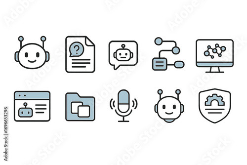 Ai and robotics outline icon set. technology, automation, machine learning collection