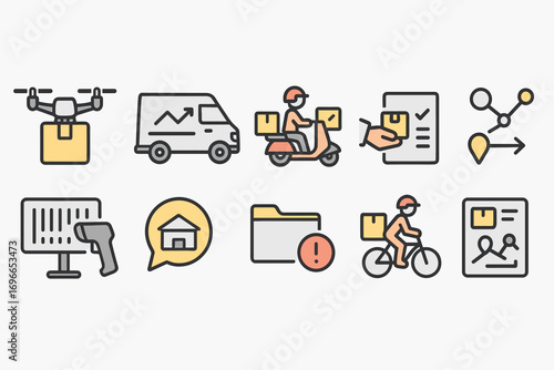Delivery and logistics flat icon set. drone, parcel, tracking, bike outline icons