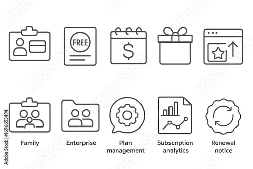 Finance, business outline icon set. management, plan, subscription icons collection