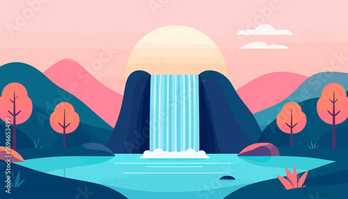 Serene flat design illustration of a picturesque waterfall landscape with tranquil mountains and a setting sun